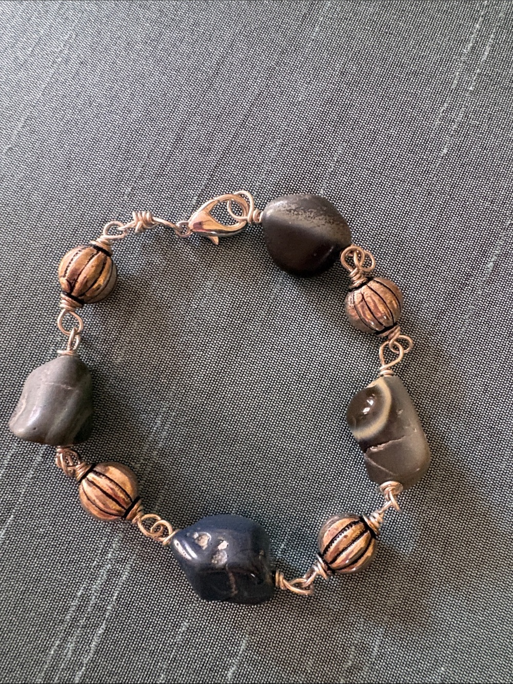 Handcrafted Black Stone and Antique Silver Bead Bracelet